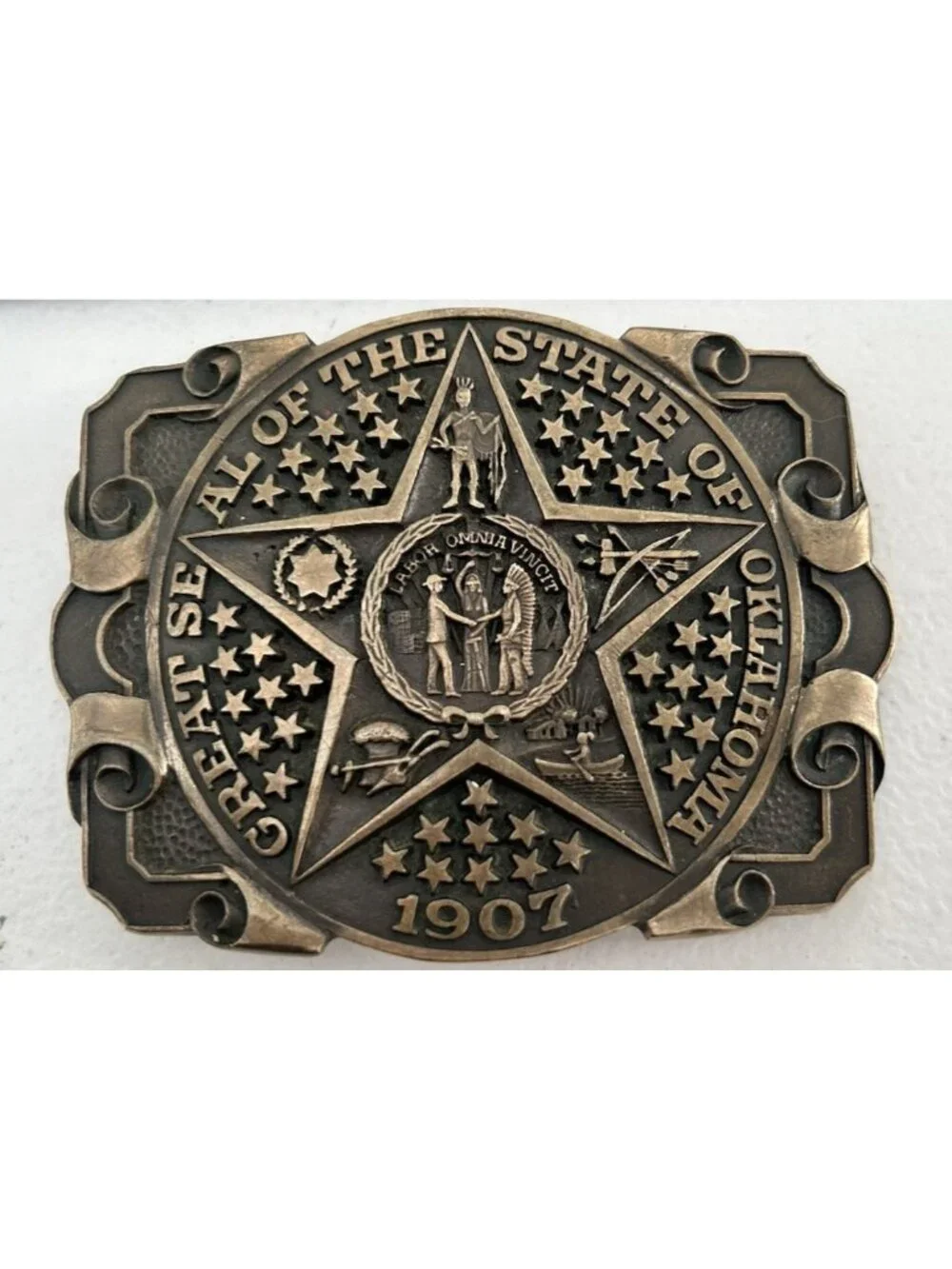 Vintage ADM Award Design Metals Inc Brass Buckle Great Seal State of Oklahoma